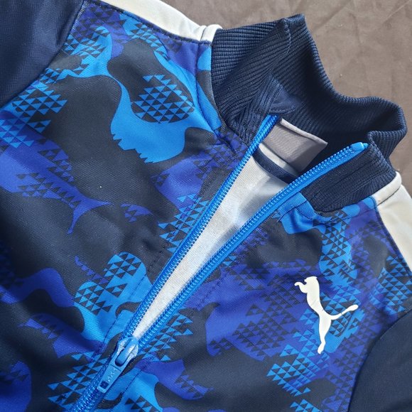 Puma Sweater Camouflage Zip Up Stripe On Sleeves Front Pocket White Blue 2T - Picture 3 of 5
